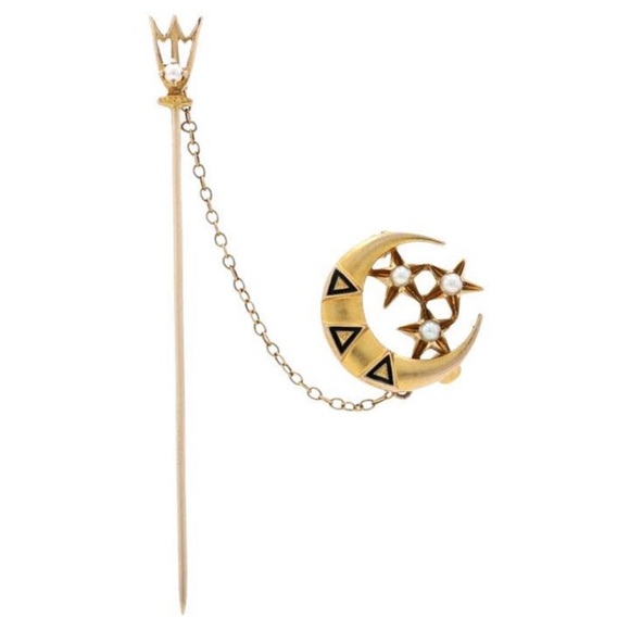Vintage Jewelry - Vintage Art Deco 10K Gold Tri Delta Moon & Star Chain Stick Pin Brooch